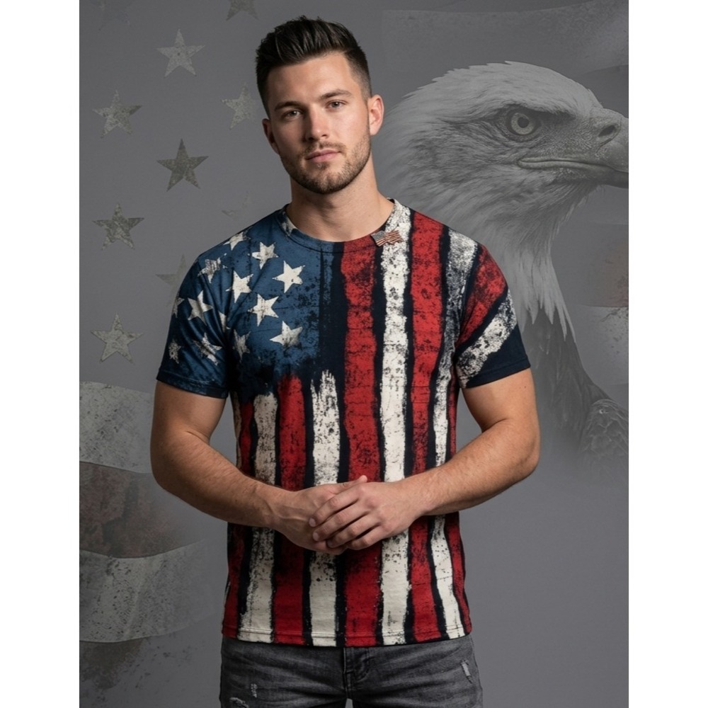 ODM T-Shirt Men's Size‎ L Multicolor American Flag Short Sleeve Crew Neck